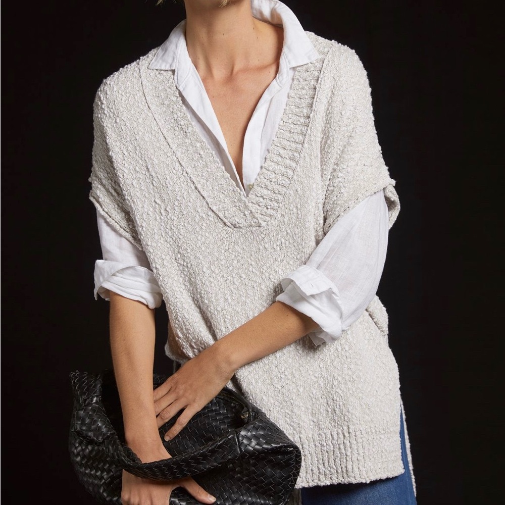 Pilcro Anthropologie Deep V Textured Sweater Vest | L | Cream Cotton